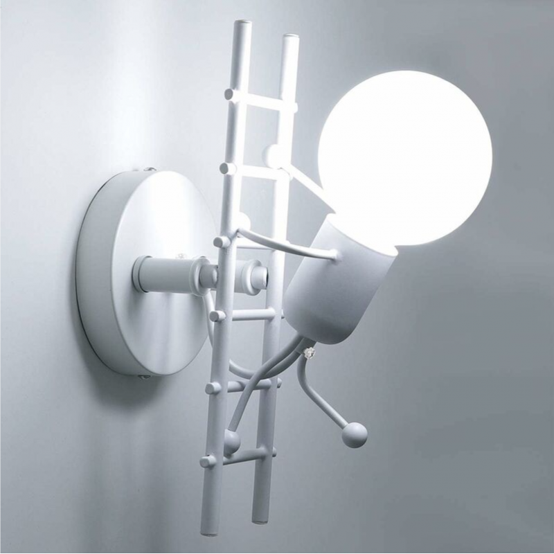 Applique da parete omino con scala bianco nero attacco E27 lampada particolare moderno per camera cameretta bambini