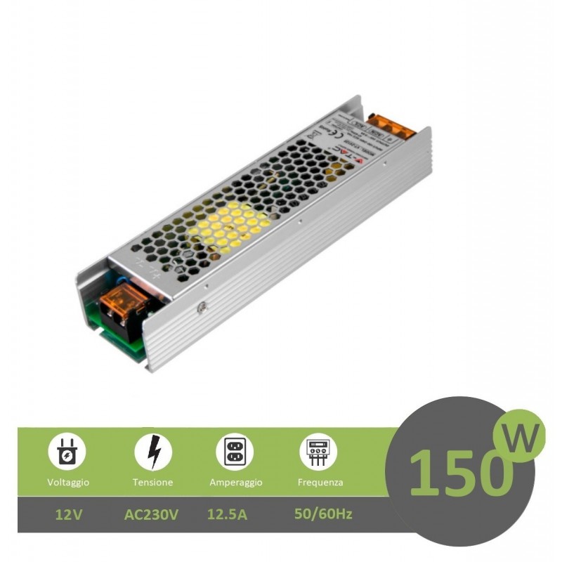 Trasformatore 12V 12.5A 150W alimentatore stabilizzato V-TAC per strip led