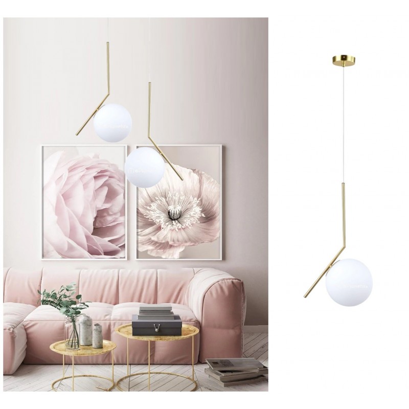 Lampadario sospeso oro con una sfera 20cm in vetro bianco design moderno minimal attacco G9