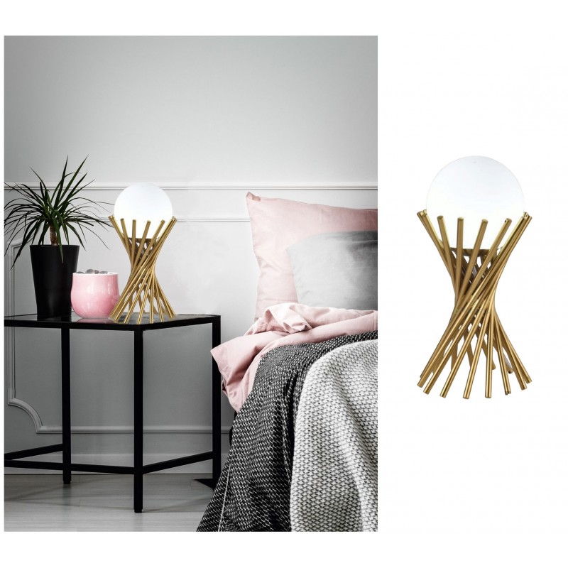 Lampada da tavolo comodino oro con sfera in vetro bianco design moderno lume dorato intrecciato