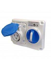 Presa CEE industriale interbloccato 2P + T 16A 230V 6H IP44 con interruttore AC 23A 10KA da incasso impermeabile blu
