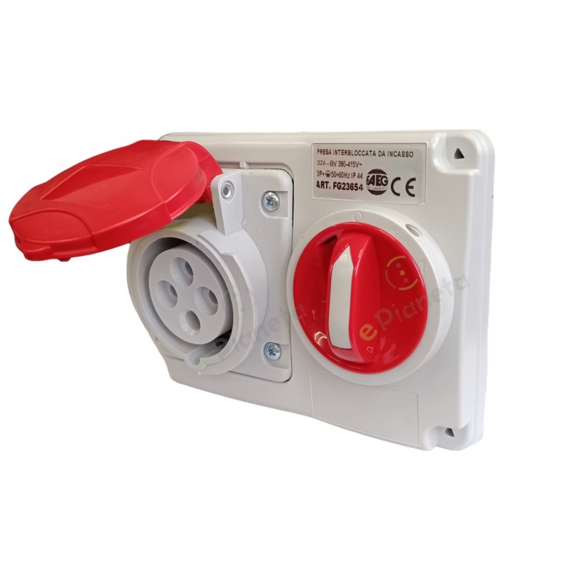 Presa CEE industriale interbloccato 3P + T 32A 400V 6H IP44 con interruttore AC 23A 10KA da incasso impermeabile rosso