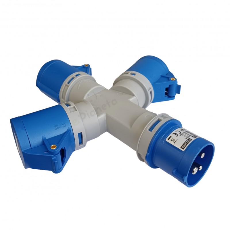 Multipresa industriale CEE 6H con spina 3 prese 2P + T 16A 230V IP44 impermeabile per esterno blu