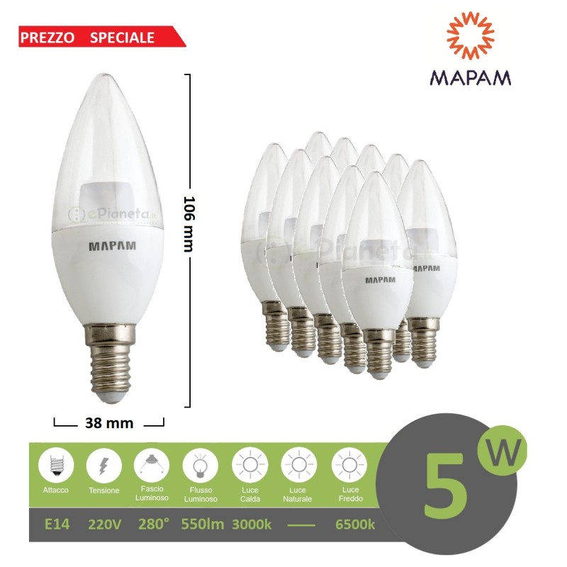 X10 lampadina led 5w E14 oliva trasparente attacco piccolo luce bianco calda