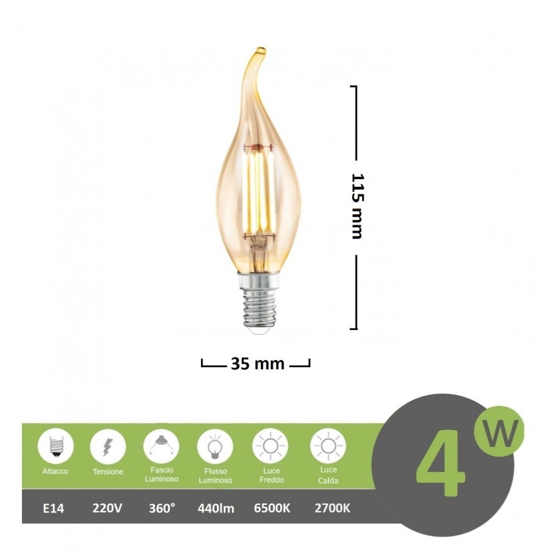 Lampadina led filamento fiamma 4w attacco piccolo E14 colpo di vento candela ambra luce bianca fredda calda