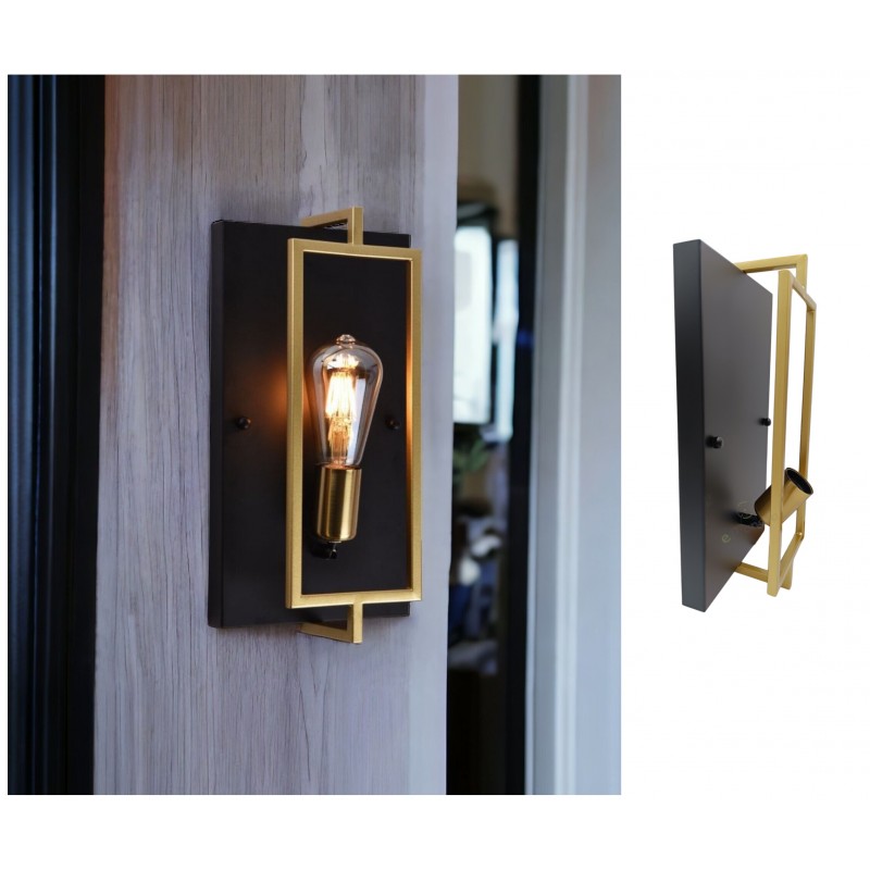 Applique da parete rettangolare nero oro per lampadina attacco E27 design vintage retrò