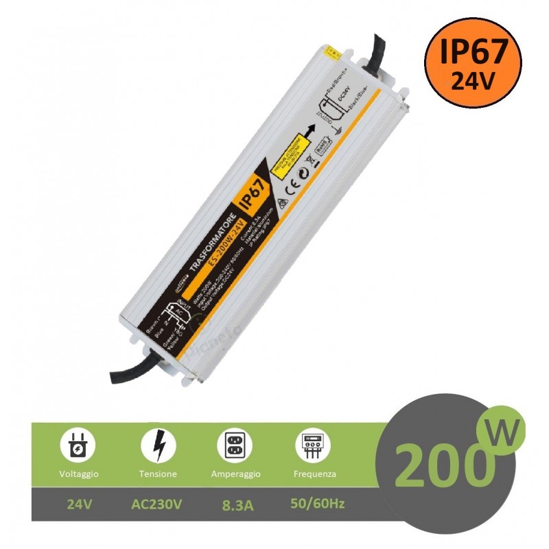 Trasformatore 24V 8.3A 200W IP67 per esterno impermeabile alimentatore stabilizzato per strip led