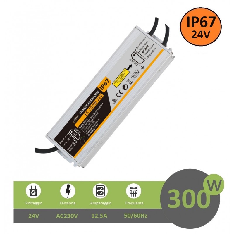 Trasformatore 24V 12.5A 300W IP67 per esterno impermeabile alimentatore stabilizzato per strip led