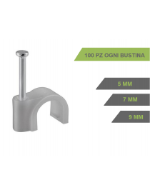 100 Graffette con chiodo fermacavo clip per fissaggio cavi elettrici 5-7-9 mm su muro