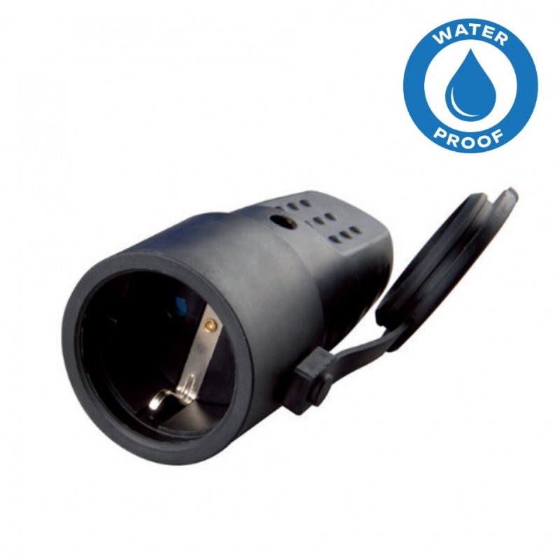 Presa schuko nero standard tedesco 16A 2P+T in gomma impermeabile per esterno con coperchio