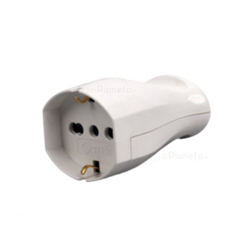 Presa elettrica volante grande schuko16A 2P/T uscita cavo assiale bianco nero 250V per prolunga