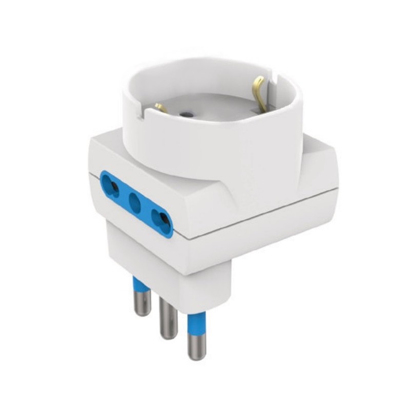 Adattatore multipresa con spina grande 16A salvaspazio disassata 1 presa schuko 2 prese bipasso bianco