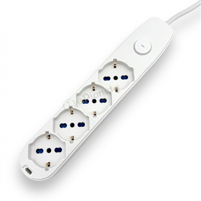 Multipresa prolunga elettrica con 4 prese schuko 16A 250V ciabatta bianco nero cavo 1.5 3 mt con interruttore