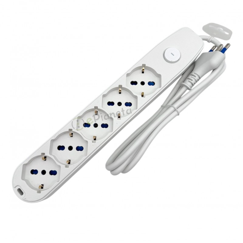 Multipresa prolunga elettrica con 5 prese schuko 16A 250V ciabatta bianco nero cavo 1.5 mt con interruttore