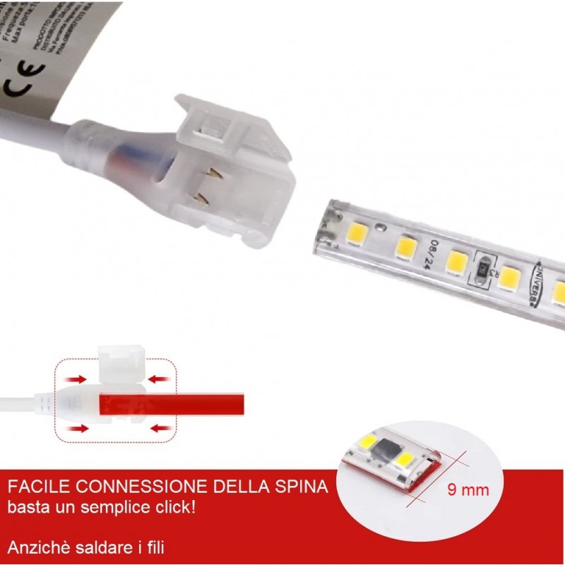 Striscia LED 220V IP65 Alta Luminosità, Senza Spina o Alimentatore, Illuminazione Diretta per Esterno, Facile da Installare