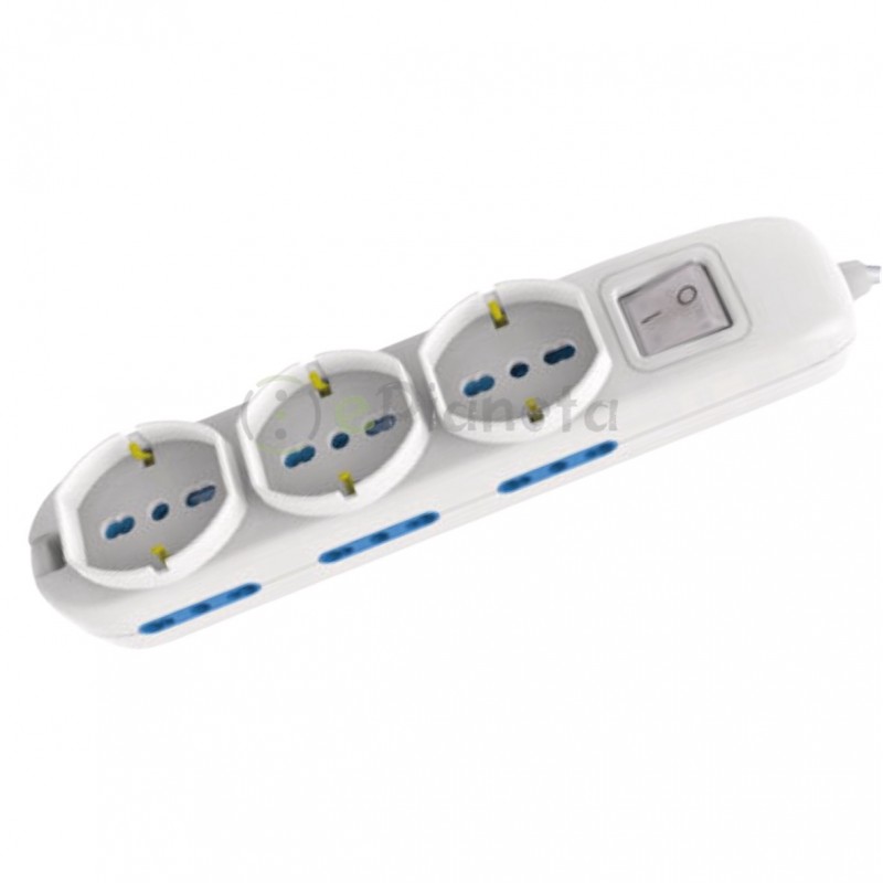 Multipresa prolunga elettrica con 6 prese bipasso + 3 schuko 16A 250V ciabatta bianco nero cavo 1.5 mt con interruttore