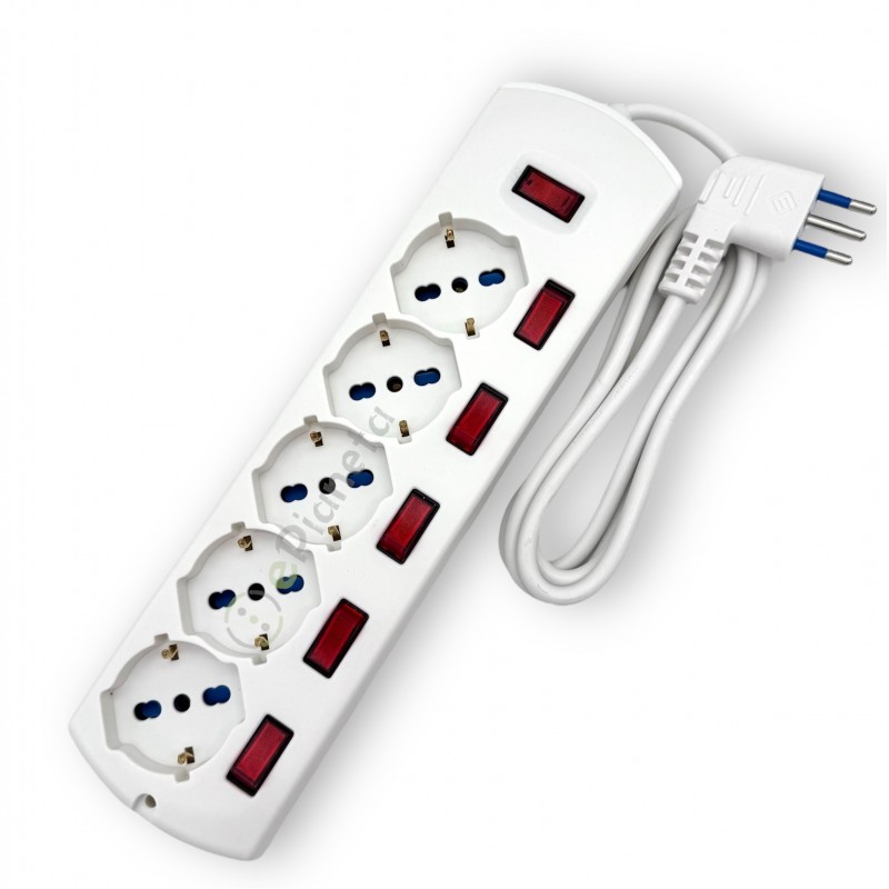 Multipresa prolunga elettrica con 5 prese bipasso schuko 16A ciabatta bianco cavo 1.5 mt con interruttore singolo