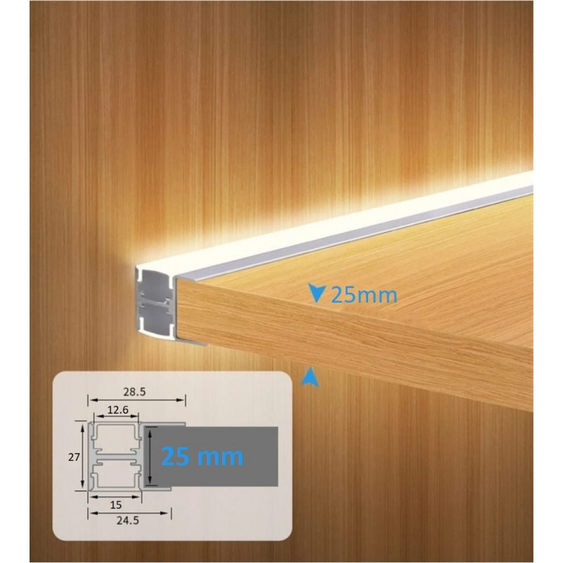 Profilo in alluminio da 2mt per mensola in legno spessore 25mm con striscia led retroilluminazione a doppia faccia di luce led