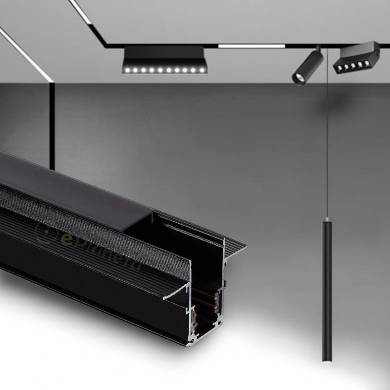 Binario magnetico nero 2m 48V da incasso cartongesso parete soffitto per faretti led con copertura