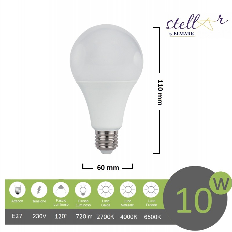 Lampadina led bulbo A60 E27 10w attacco grande sfera basso consumo luce fredda naturale calda