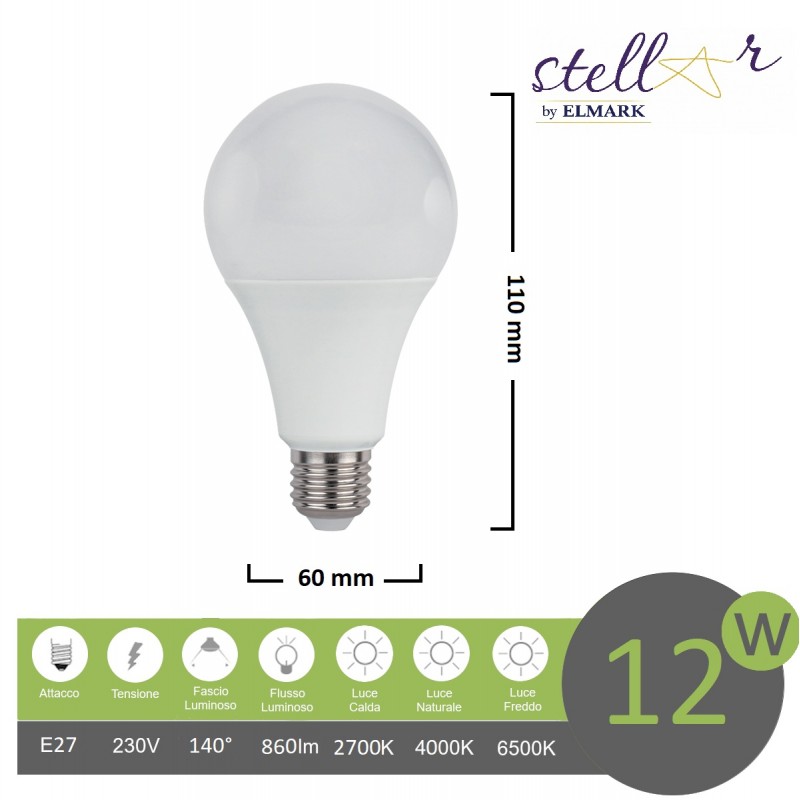 Lampadina led bulbo A60 E27 12w attacco grande sfera basso consumo luce fredda naturale calda