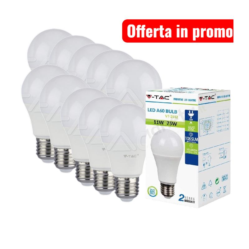 10 PEZZI V-TAC Lampadina led bulbo 11w A60 attacco grande E27 opaco luce fredda naturale calda