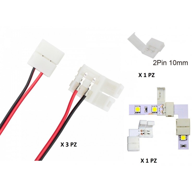 Connettori striscia led 10mm rapidi clip jack per strip smd 5050 ip60 con cavo angolo