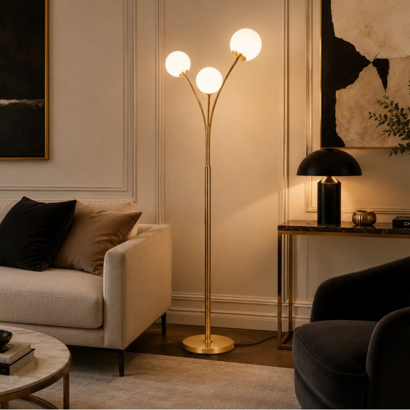Lampada da terra Oro con 3 sfere in vetro bianco piantana design moderno per salotto camera