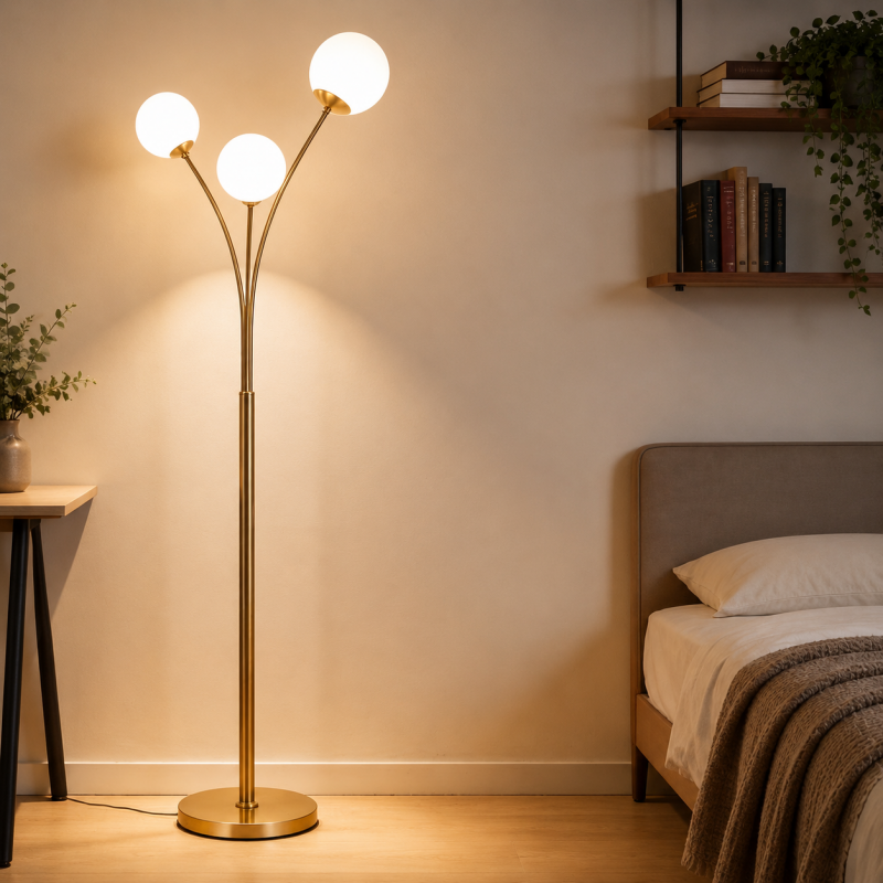 Lampada da terra Oro con 3 sfere in vetro bianco piantana design moderno per salotto camera