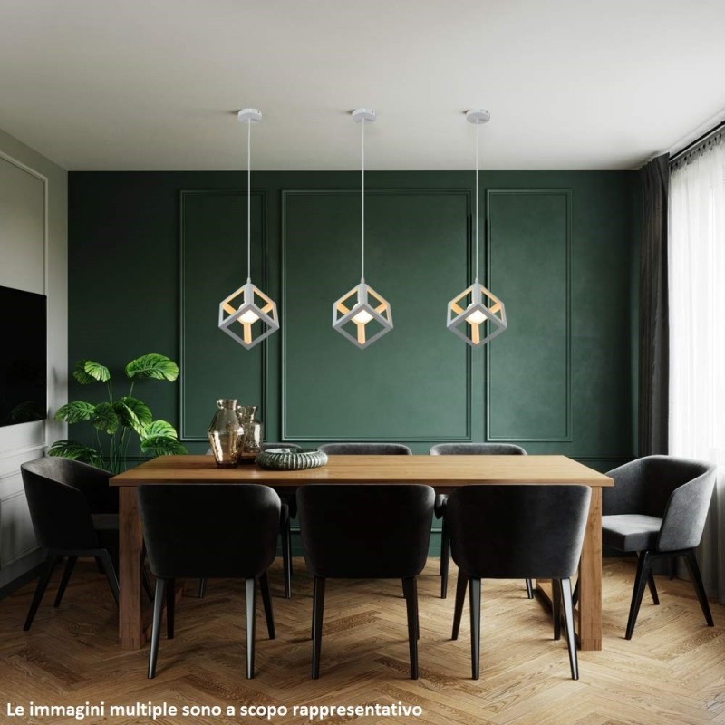 Lampadario a sospensione cubo E27 pendente cubico design moderno portalampada geometrico in metallo bianco nero tortora 