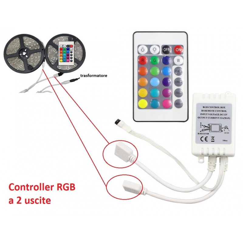 Controller centralina a 2 uscite con telecomando per strip striscia led RGB 12/24V