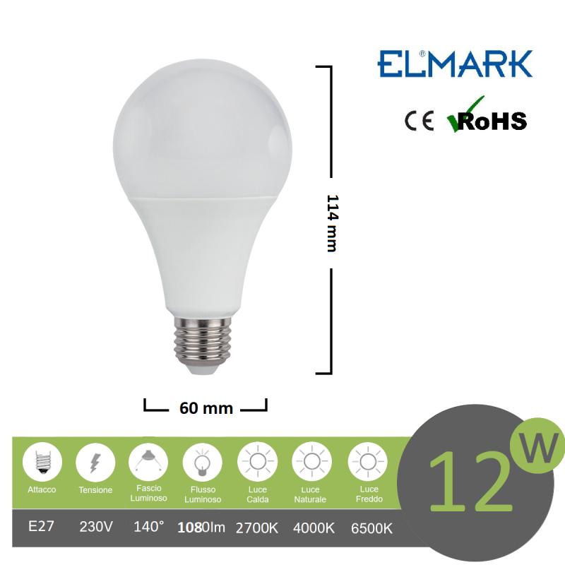 Lampadina led bulbo A60 E27 12w attacco grande sfera basso consumo luce fredda naturale calda