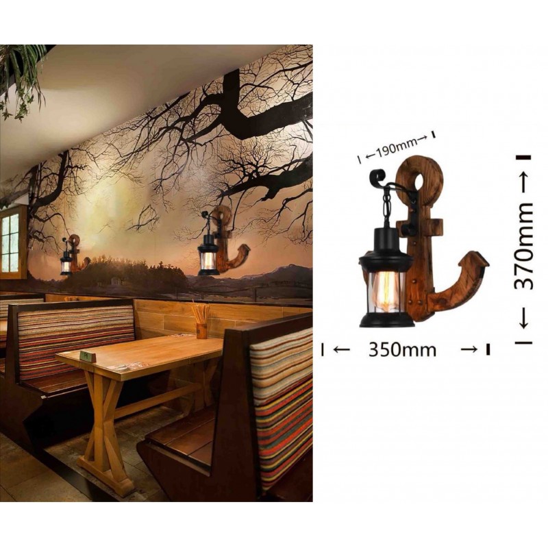 Applique da parete luce led E27 lanterna ancora nero in metallo legno design vintage lampada muro rustico