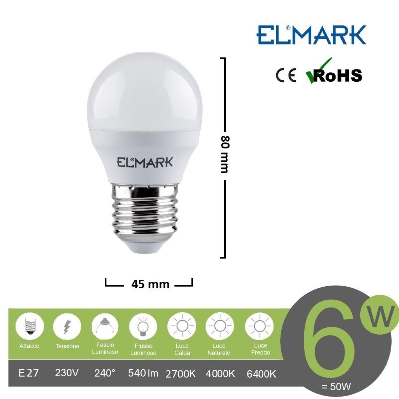 Lampadina led globo G45 E27 6w attacco grande sfera bianco basso consumo luce fredda naturale calda