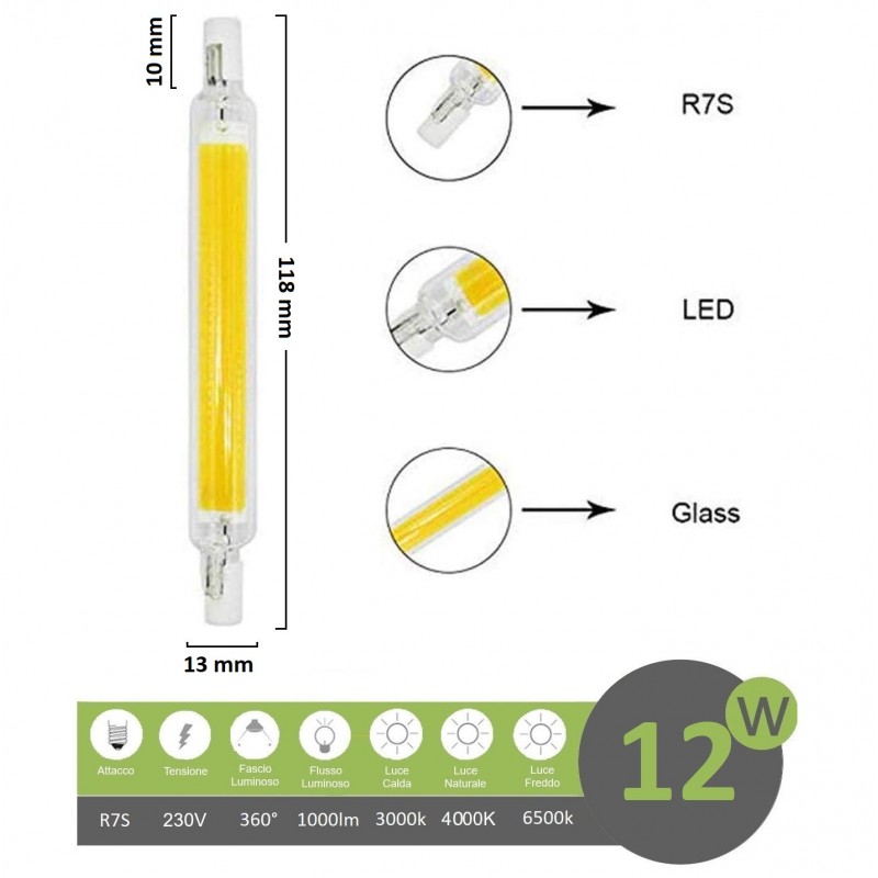 Lampadina led attacco R7S 12w cob luce lineare 118mm slim trasparente sostituto alogena a basso consumo