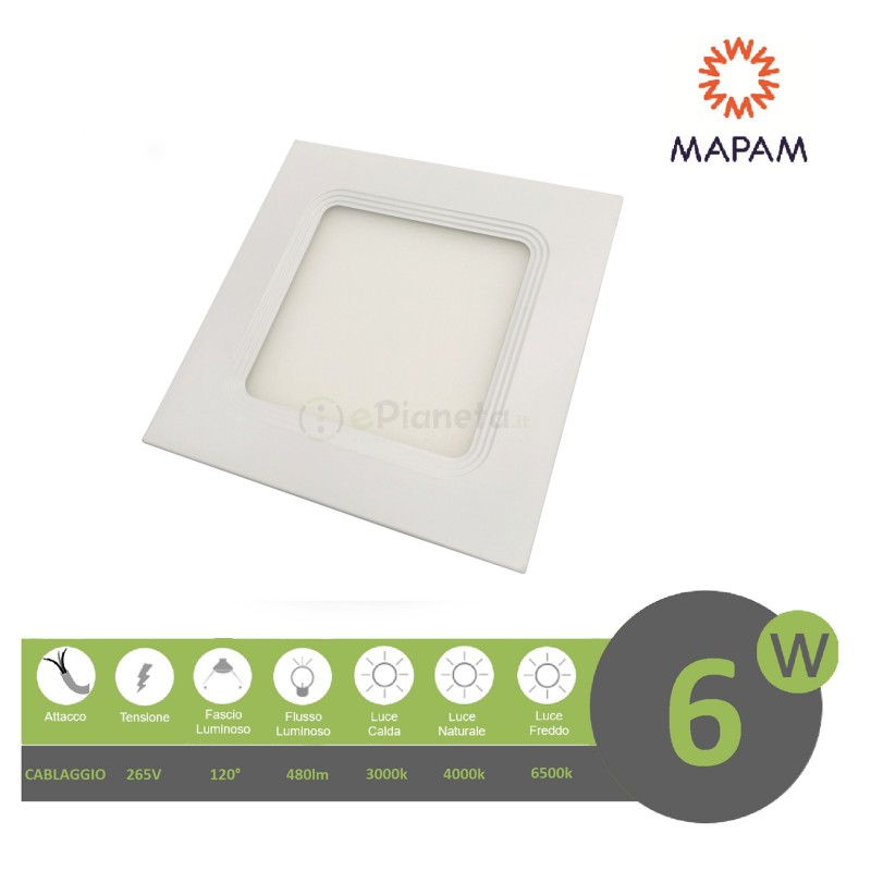 Pannello led quadrato 6W da incasso 12x12 lampada soffitto slim luce calda 3000k