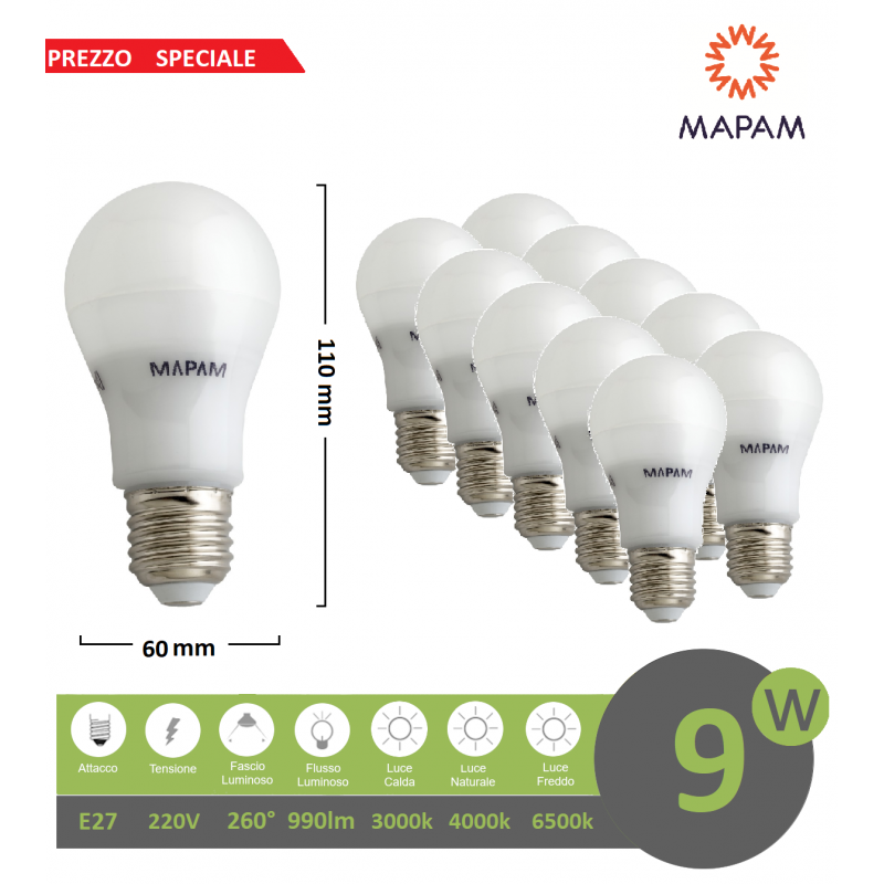 X10 Lampadina led E27 bulbo A60 9w luce bianca naturale calda Mapam