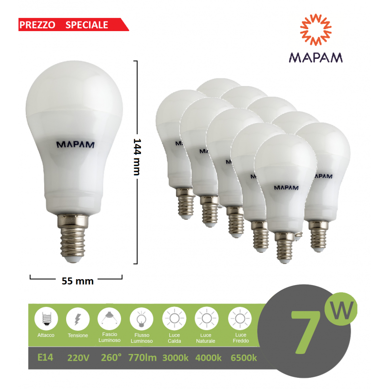 X10 lampadina led E14 bulbo A55 7w luce bianca naturale calda Mapam