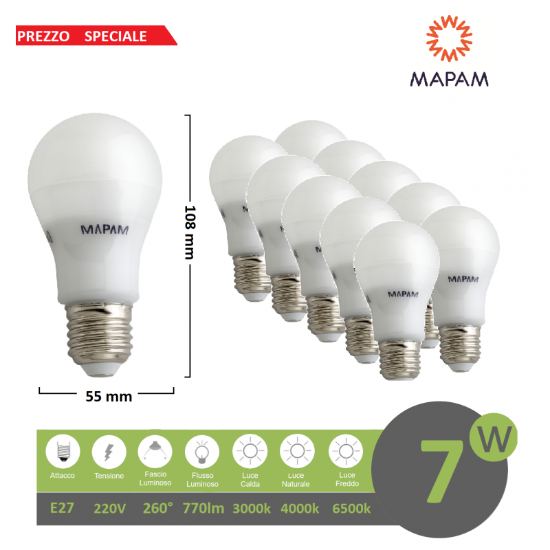 x10 lampadina led E27 bulbo A55 7W luce bianca naturale calda Mapam