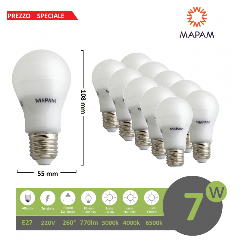 X10 lampadina led E27 bulbo A55 7W luce bianca naturale calda Mapam