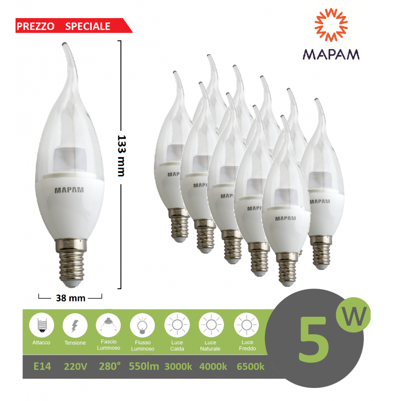 X10 lampadina led E14 candela trasparente 5w luce bianca naturale calda Mapam