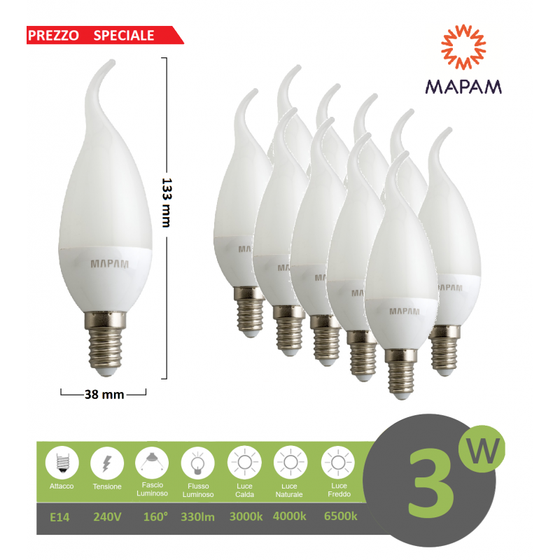 X10 lampadina led E14 candela opaca 3w luce bianca naturale calda
