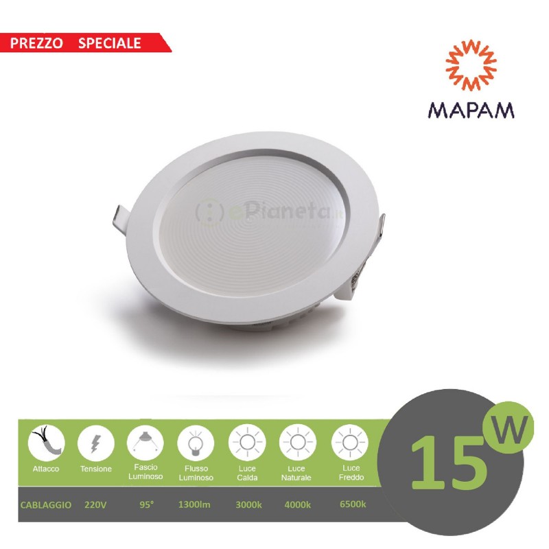 Faretto led 15w da incasso 220V faro tondo bianco opaco per cartongesso luce fredda naturale calda