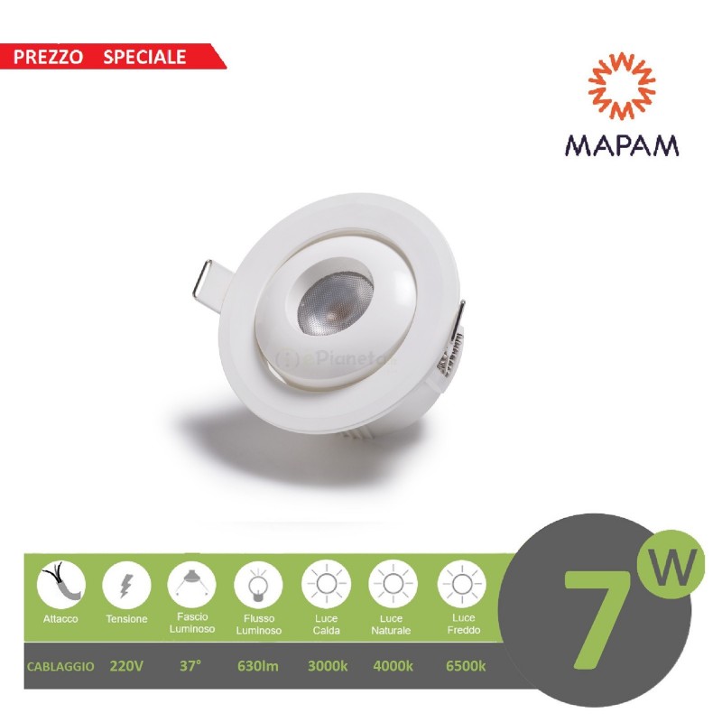 Faretto led cob 7w orientabile tondo 220V ghiera bianco da incasso cartongesso luce fredda naturale calda