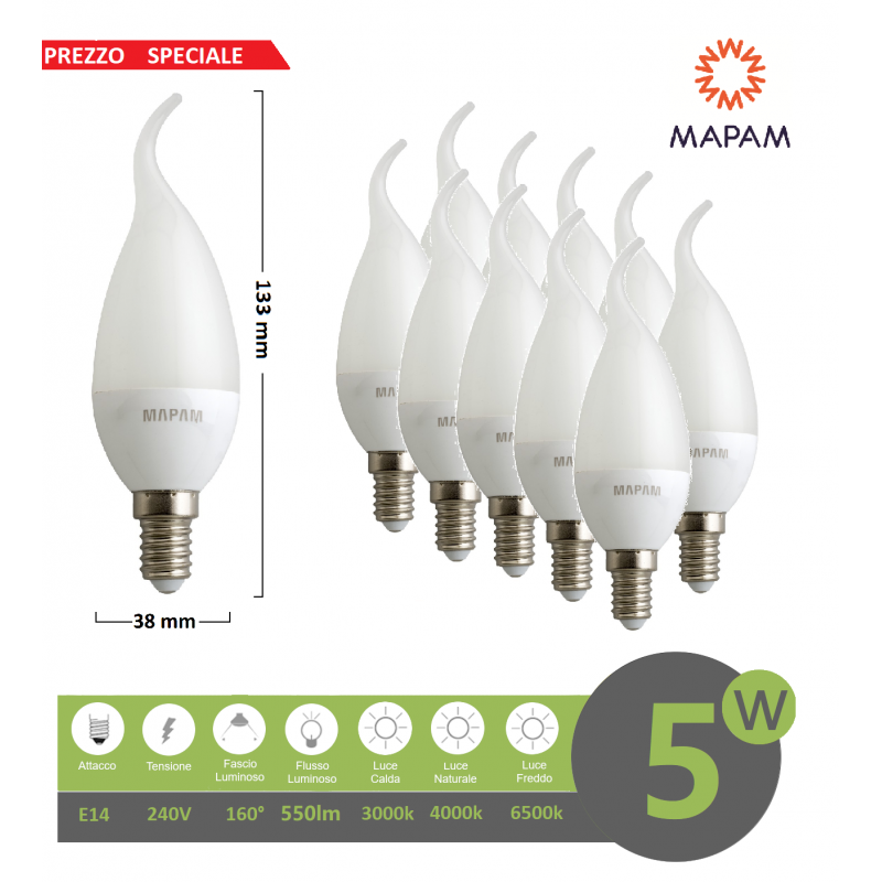 X10 Lampadina led E14 candela opaca 5w attacco piccolo luce bianca naturale calda