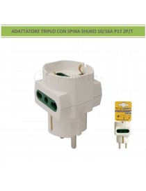 Adattatore riduttore triplo spina schuko 10/16A P17 2P/T con 2 prese bipasso e 1 presa schuko bianco