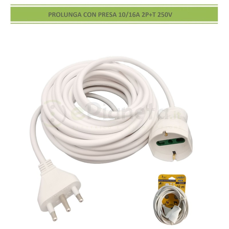 Prolunga elettrico 3 5 10mt con spina piatta presa shuko 10 16A 250V cavo bianco lineare 3G1