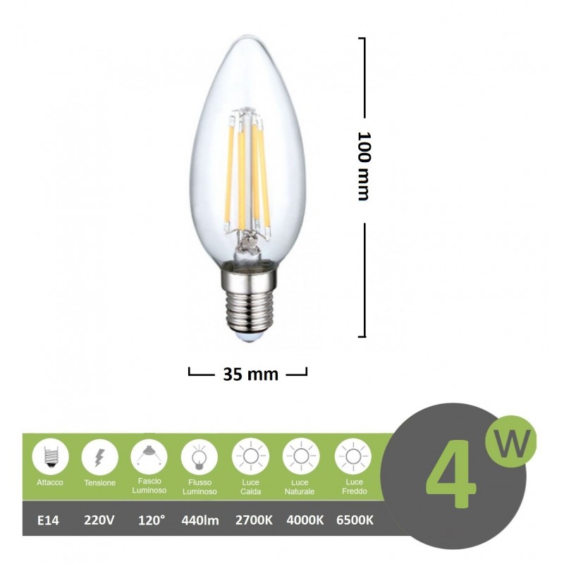 Lampadina led filamento oliva 4w attacco piccolo E14 trasparente luce calda fredda bianca a basso consumo