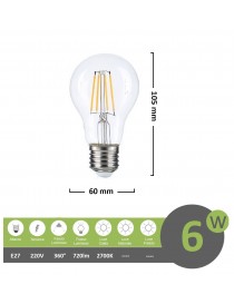 Lampadina filamento led 6w attacco grande E27 A60 bulbo sfera trasparente luce calda 2700k