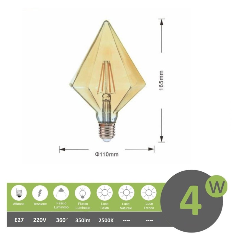 Lampadina filamento led attacco grande E27 4W diamante ambra lampada  decorativa vintage luce calda